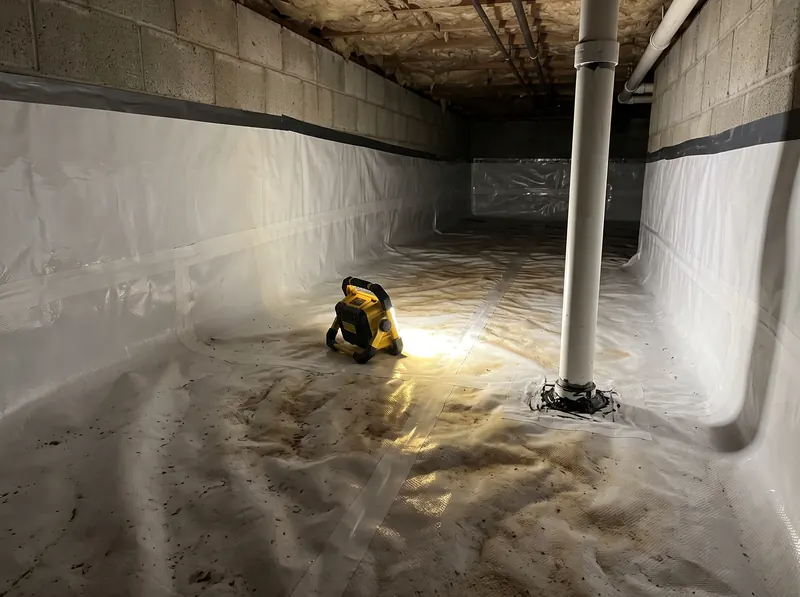 Sealed vapor barrier covering the ground in a crawl space